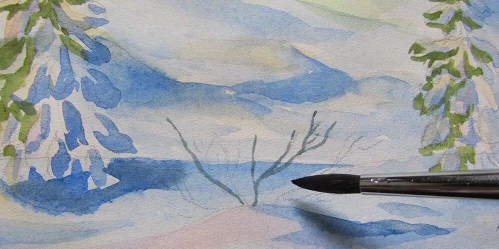 зима акварелью поэтапно