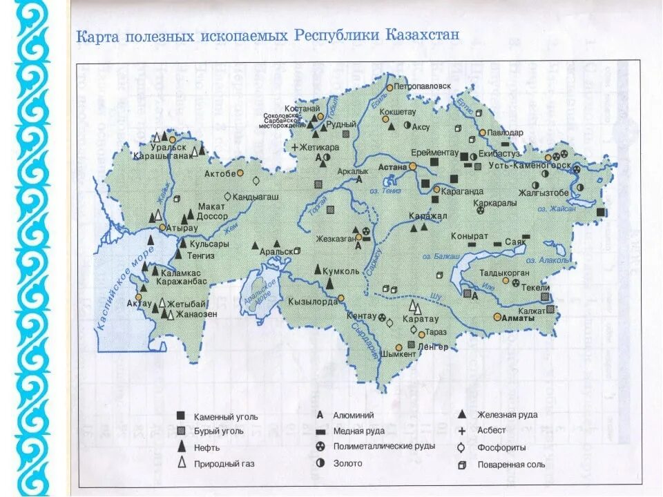 Месторождения руды в казахстане. Физическая карта полезных ископаемых Казахстана. Полезные ископаемые Казахстана карта. Месторождения полезных ископаемых в Казахстане на карте. Минеральные ресурсы Казахстана карта.