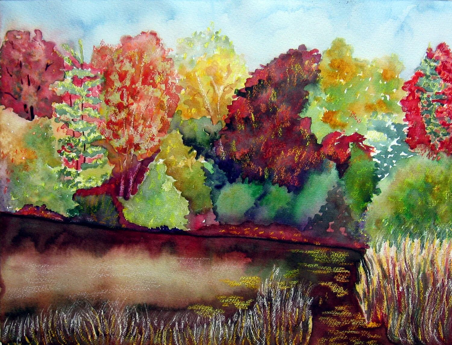 Изо 6 кл пейзаж. Пейзаж цветными карандашами. Осенний лес цветными карандашами. Лес цветными карандашами. Пейзаж в смешанной технике.