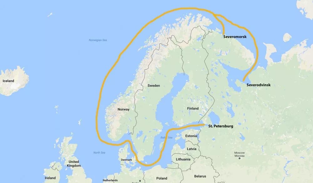 Расстояние между североморском