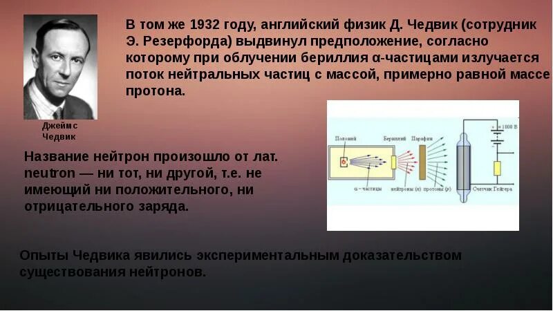 Открытие протона и нейтрона презентация 9 класс. Открытие Протона 1919 Резерфорд. Чедвик нейтрон. Открытие нейтрона опыт Чедвика. Джеймса Чедвика и нейтронов.