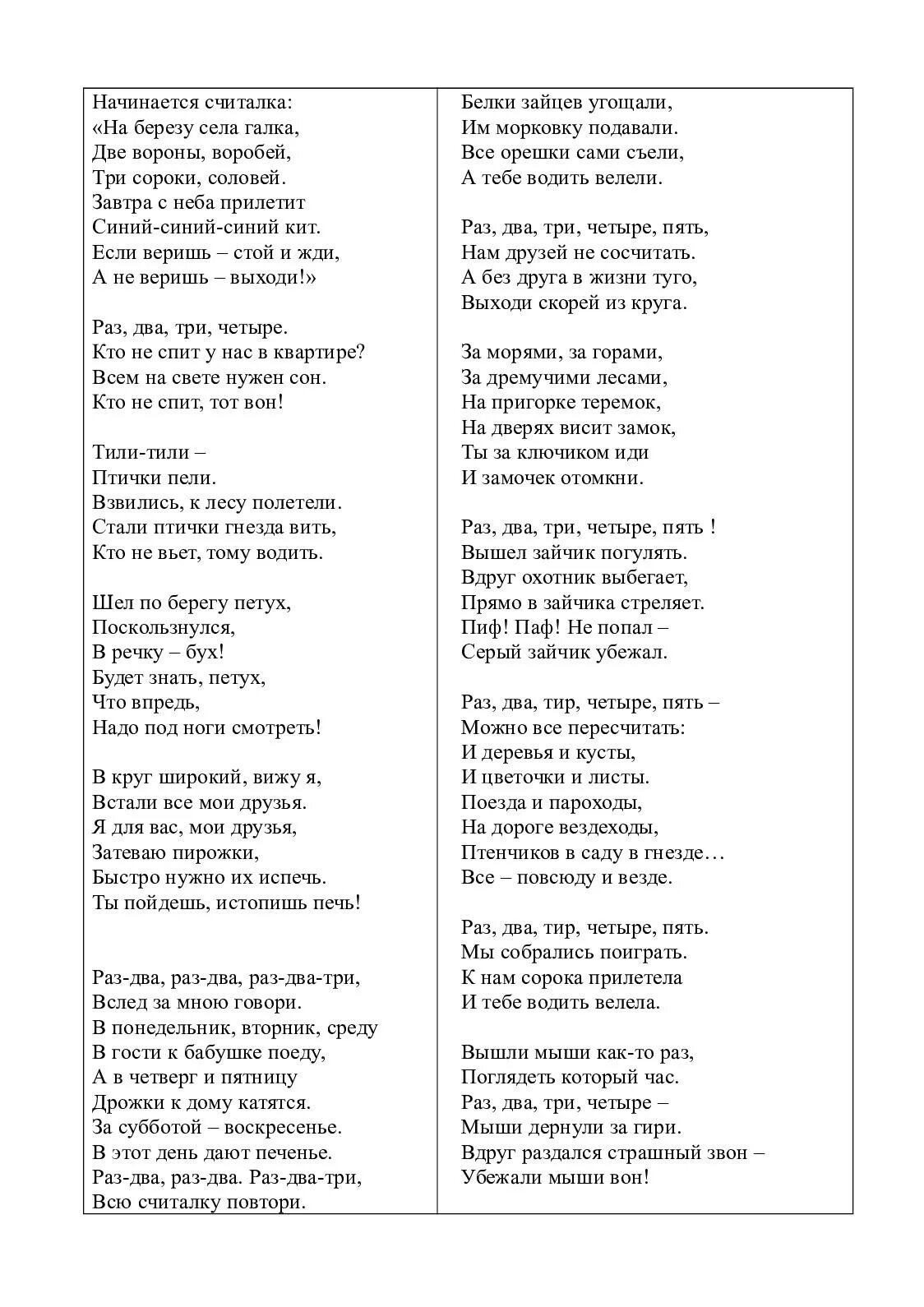 Раз два три четыре пять вышел песня. Села Галка начинается считалка. Считала начинается считала, на березу села. Начинается считалка на березу села. Начинается считалка на березу села Галка.