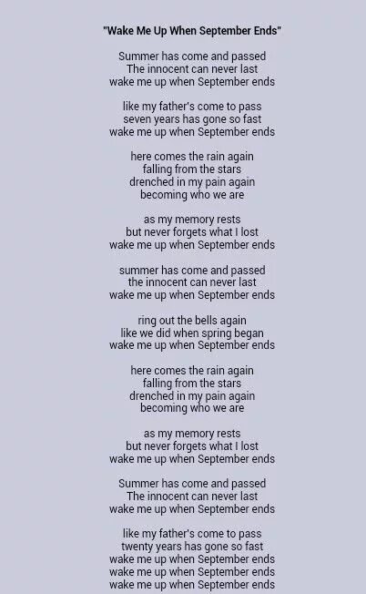 Не удержал песня на английском. Wake me up when September ends текст. When September ends текст. Wake up текст. Слова песни Wake up.