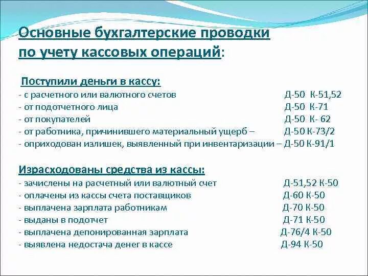 Учет денежных операций в кассе. Типовые бухгалтерские проводки по счету 50 "касса".. Проводки по счету 50 касса. Учет кассовых операций проводка. Проводки по бухучету по счету 50 касса.