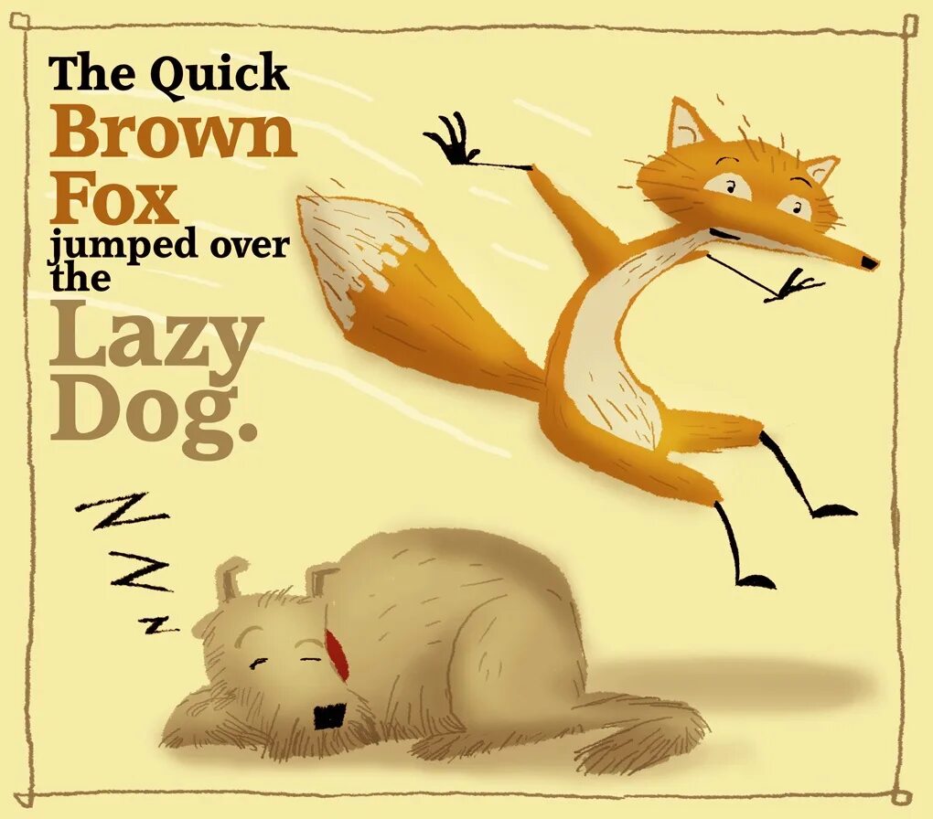 Панграмма. The quick Brown Fox Jumps over the Lazy Dog. Картинка the quick Brown Fox Jumps over the Lazy Dog. Коричневая лиса прыгает через ленивую собаку.