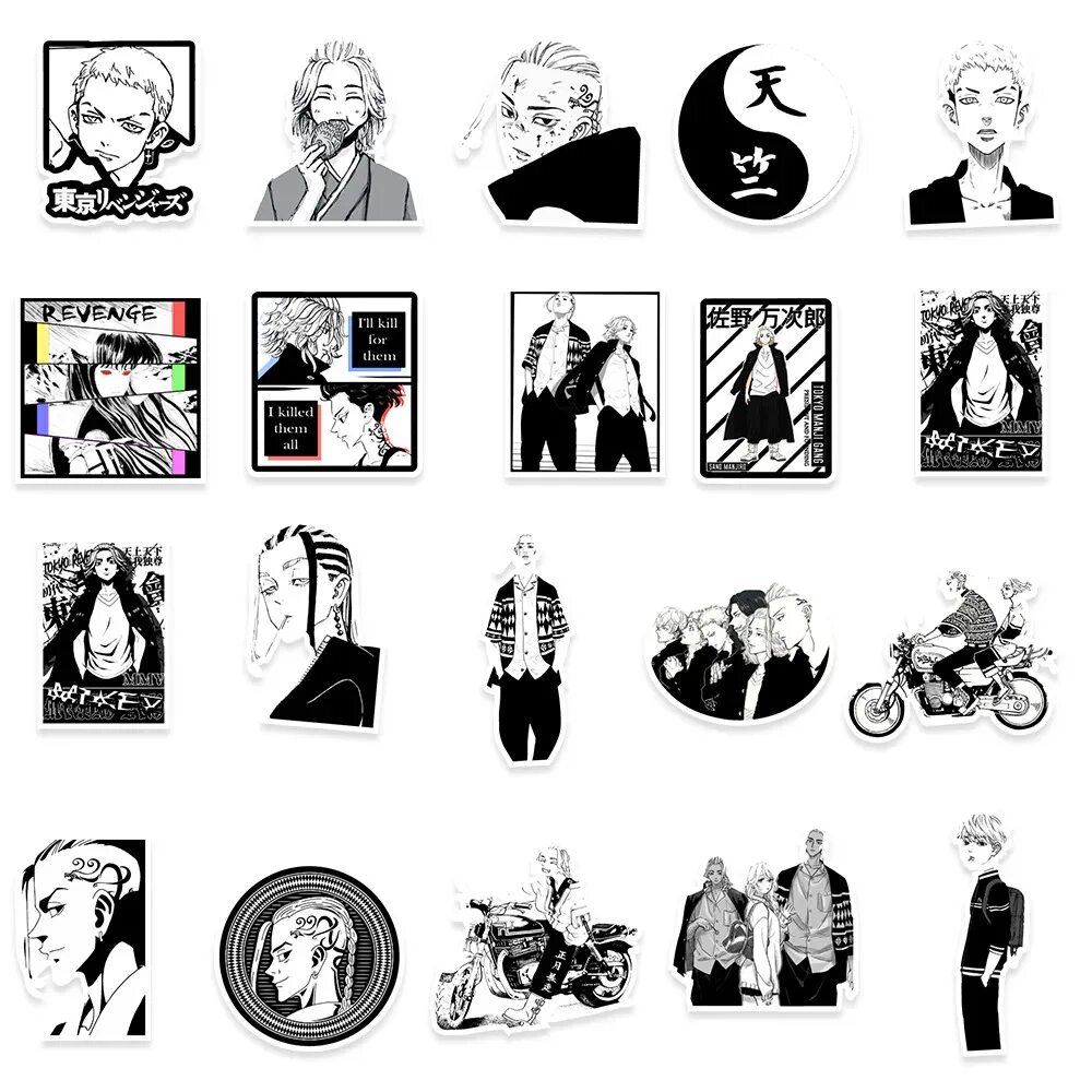 Наклейки Токийские Мстители. Стикеры черно белые. Manga stickers telegram