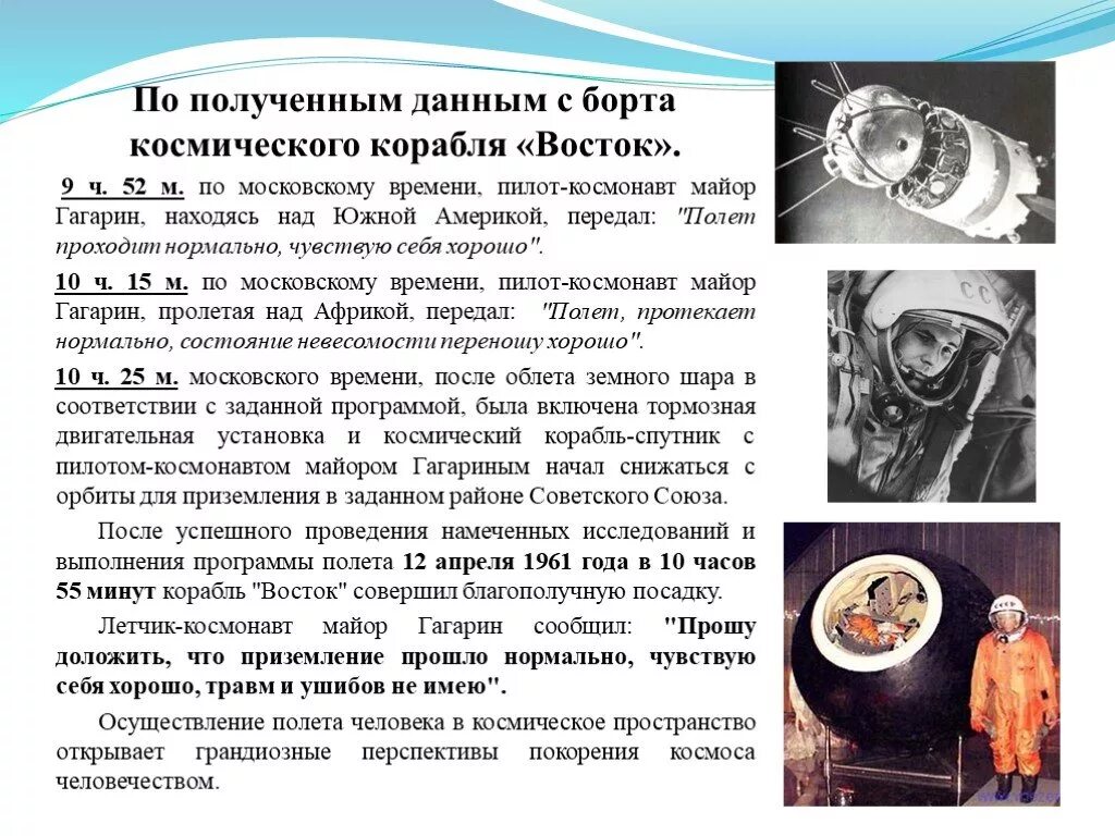 Первые космонавты в космосе доклад. Гагарин презентация. Информация о полете в космос.