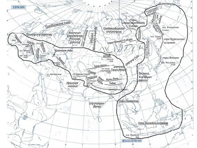 Рельеф Евразии на контурной карте. Хребты и нагорья на карте Евразии. Горы и равнины Евразии на контурной карте. Рельеф Евразии на контурной карте горы и равнины.