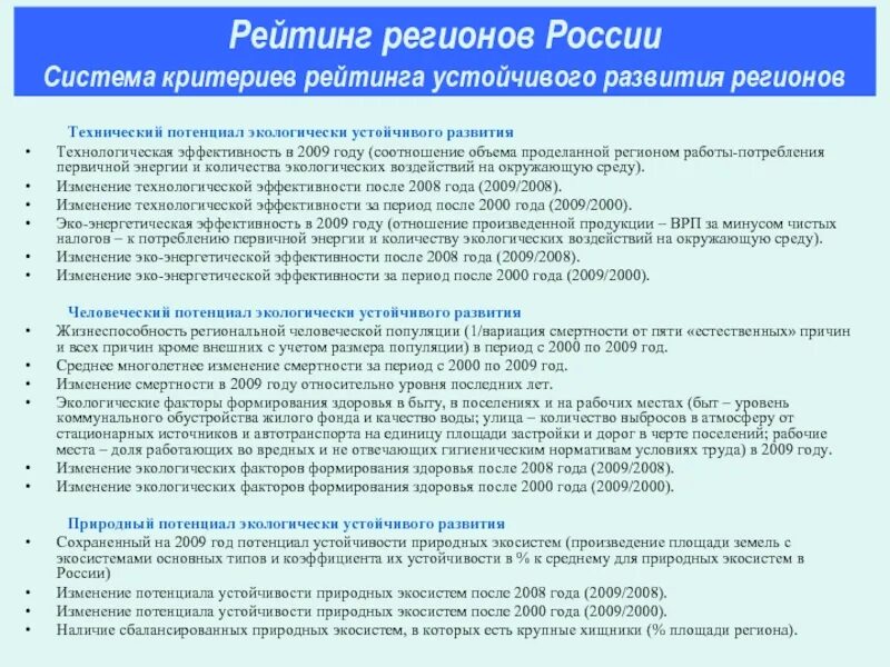 Экологический потенциал территории. Экологический потенциал России. Критерии эффективности эко. Рейтинг устойчивого развития регионов России. Природный потенциал территории россии