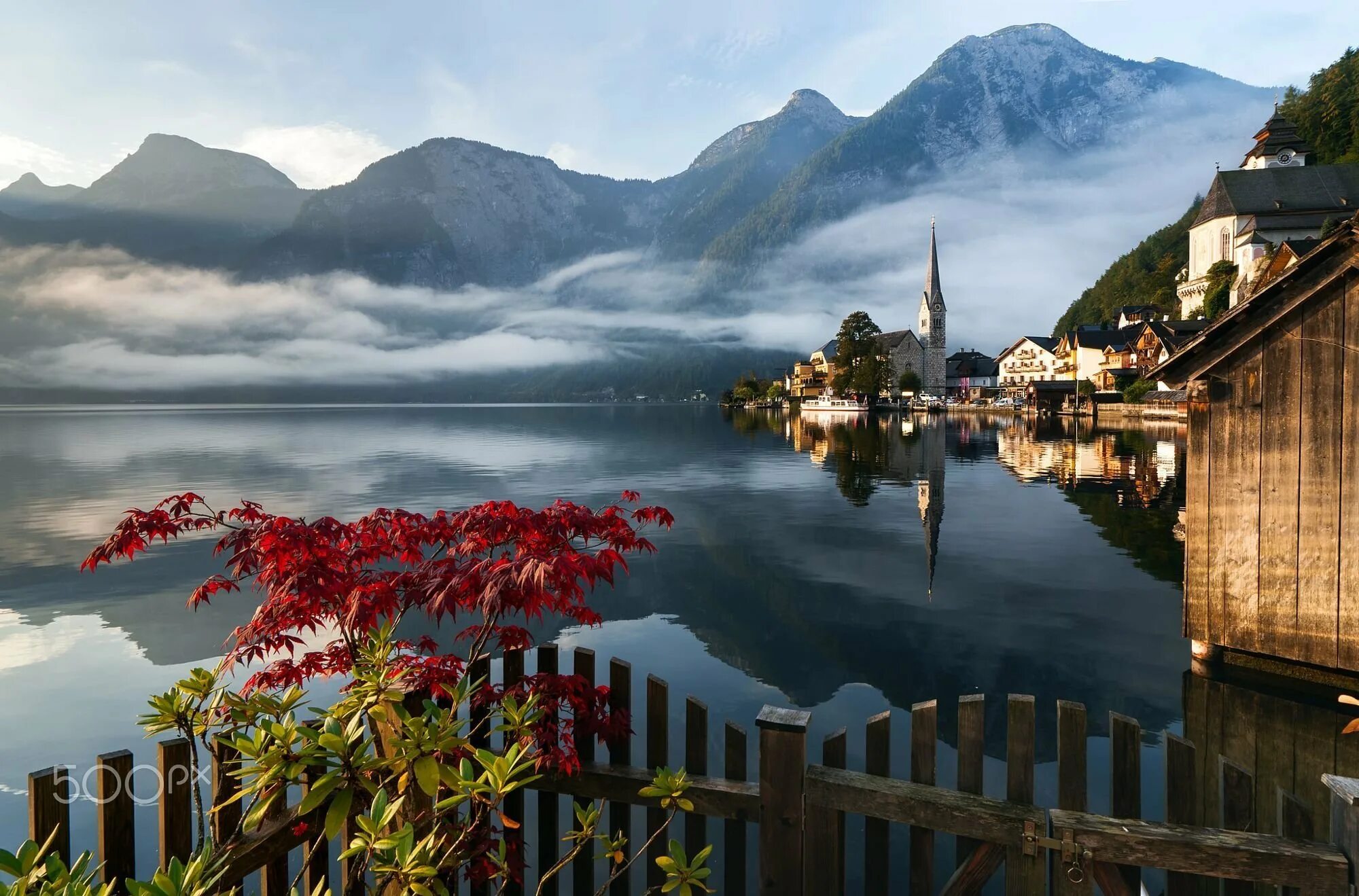 Озеро, Австрия, Hallstatt. Австрия озеро Гальштат туман. Озера Гальштат Австрии осень. Гальштат Австрия осенью.