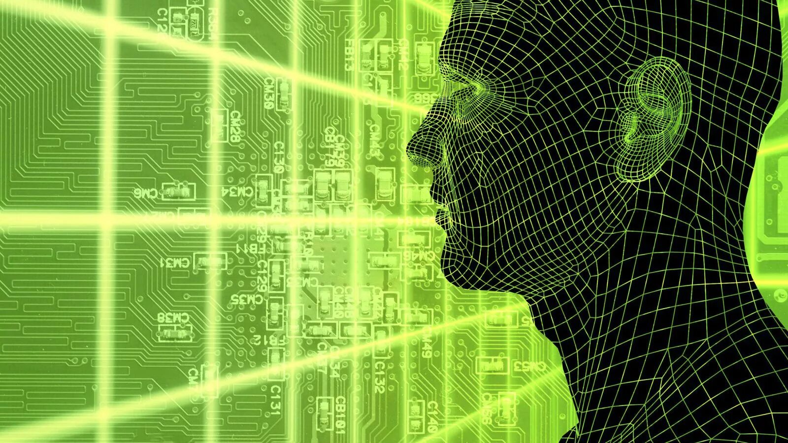 Искусственный интеллект. Искусственный интеллект зеленый. Цифровое лицо. Человек в киберпространстве.