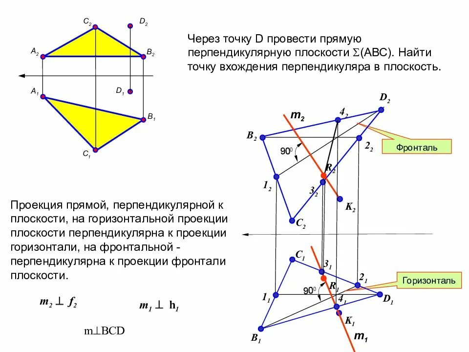 Точка пересечения перпендикуляра к прямой. Через прямую провести плоскость перпендикулярную плоскости п2. Через прямую MN провести плоскость перпендикулярную плоскости АВС. Построение линии перпендикулярной данной плоскости. Через точку провести прямую перпендикулярную плоскости.