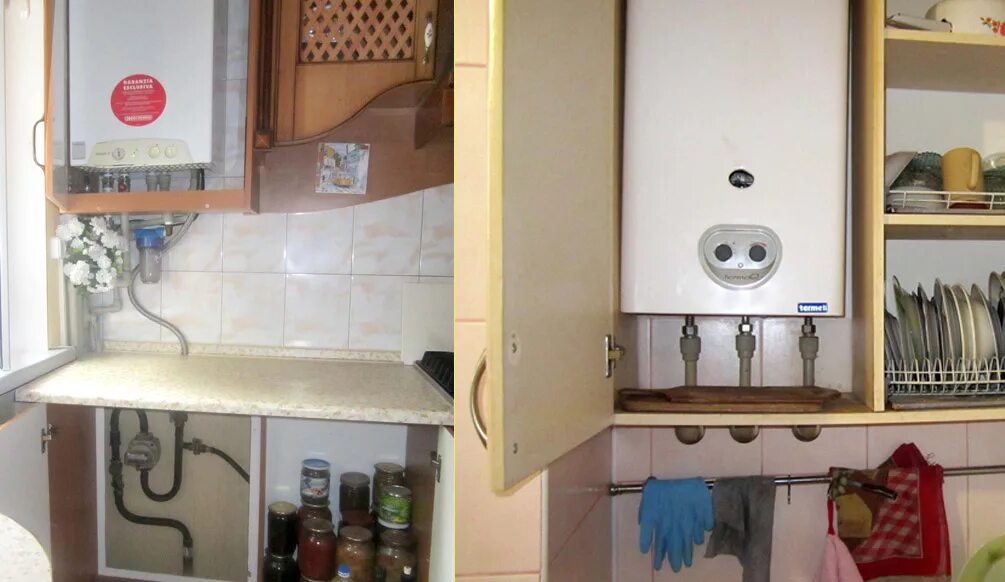 Можно ли газовую колонку прятать в шкаф. Настенный котел на кухне. шкаф для газового котла на кухне. шкаф для навесного газового котла. труба под шкафами на кухне.