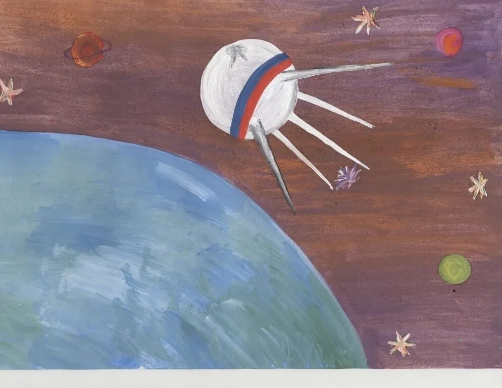 Рисунок на тему космос. Рисунок на космическую тему. Рисунок ко Дню космонавтики. Детские рисунки на тему космос. Первый спутник рисунок