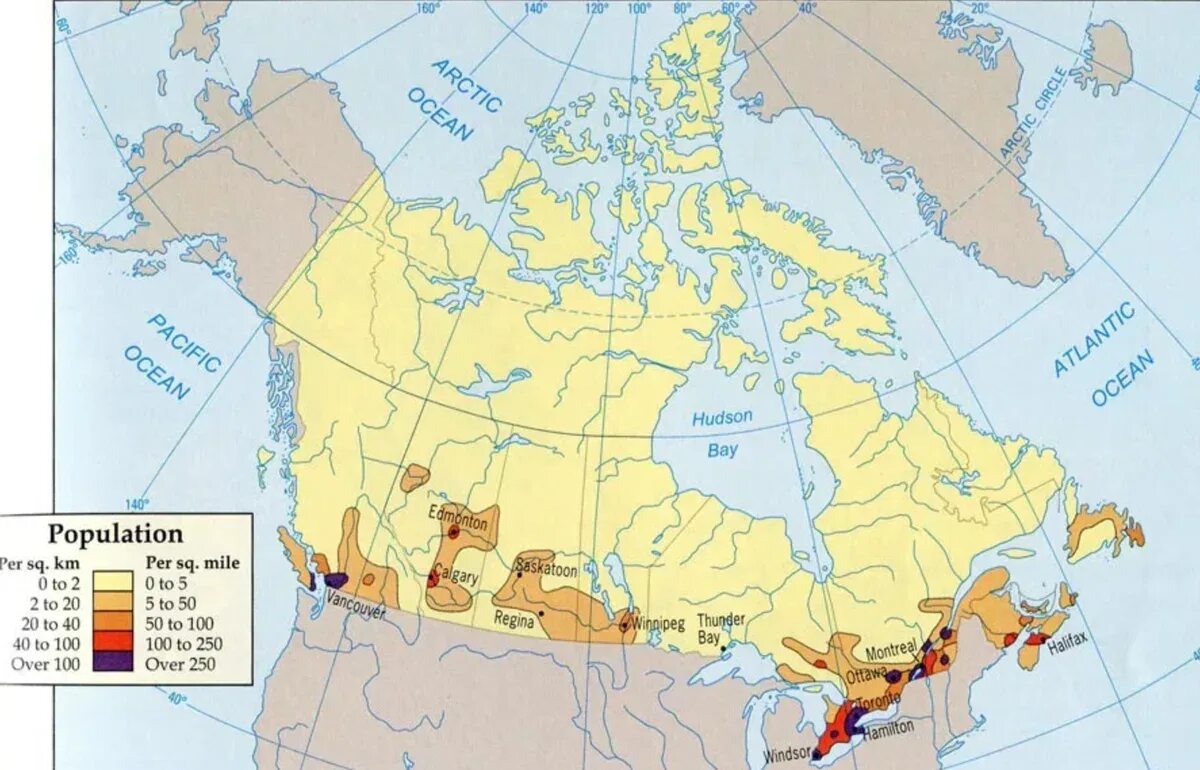 Наибольшая плотность населения северной америки где. Карта плотности населения Канады. Распределение населения Канады на карте. Карта плотности населения Канады на русском. Плотность населения Канады.