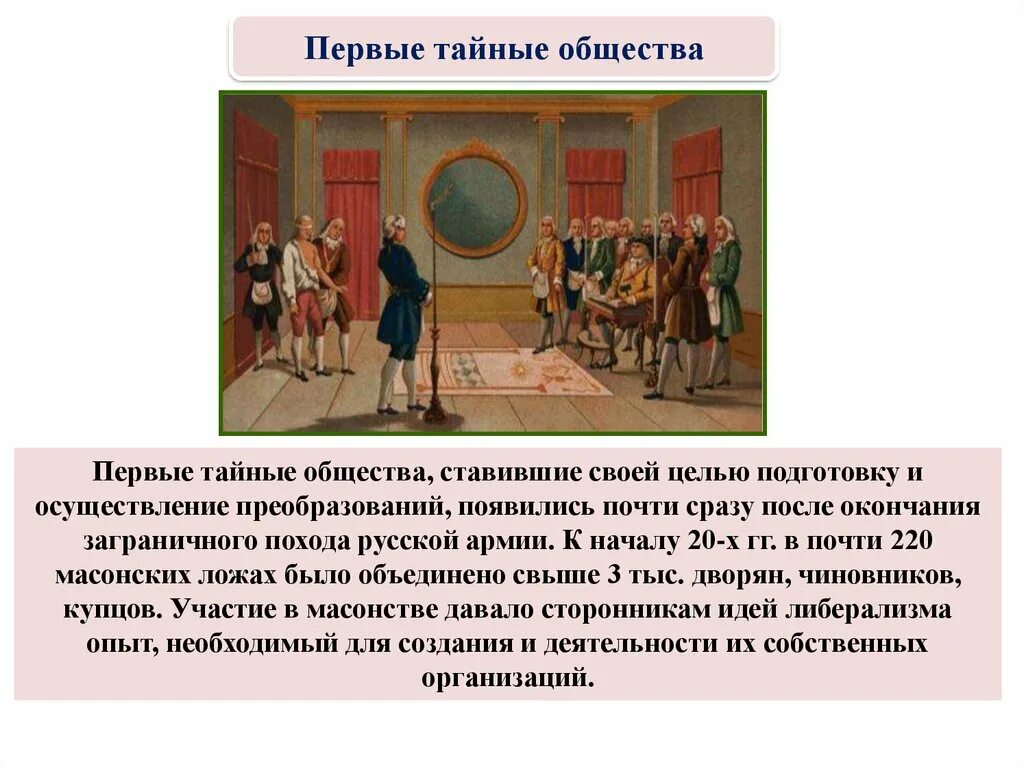 Появление первых тайных обществ. Первое тайное общество. Посвящение в тайное общество. Общества при Александре 1. Тайные общества при Александре 1.