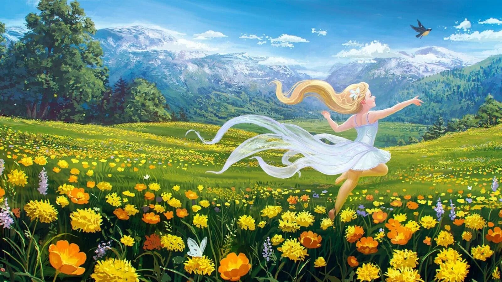 Люди мечтают о лете. Сказочное лето. Сказочное поле цветов. Радостные картины.