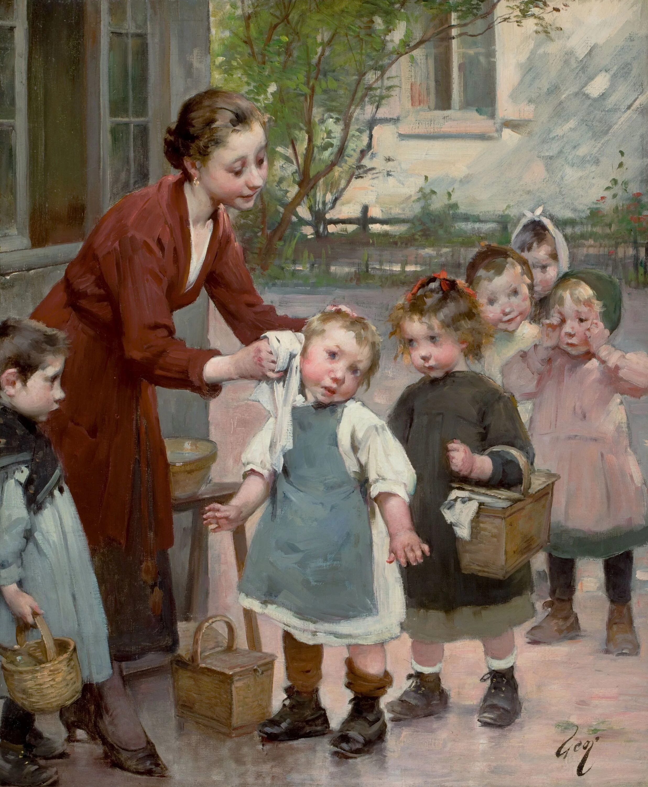 Картина в садик. Анри Жюль Жоффруа Henri Jules Jean Geoffroy 1853-1924. Henry Jules Jean Geoffroy (French, 1853 - 1924). Художник Henry Jules Jean Geoffroy. Андре Анри Даргелас 1906.