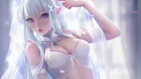 looking at viewer, cleavage, boobs, Sakimichan, white hair, pointy ears.