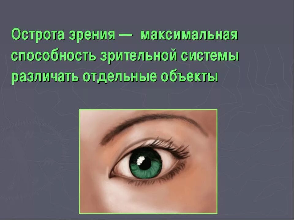 Острота зрения правый глаз левый глаз. Бинокулярная острота зрения. Нарушение остроты зрения. Острота зрения это способность глаза. Понятие об остроте зрения.