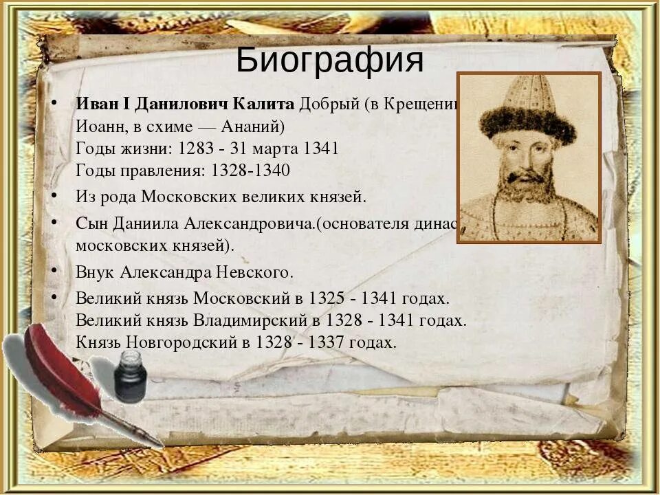 Исторический портрет ивана калиты 6 класс