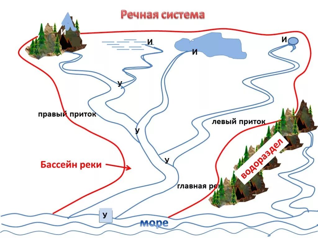 Что такое Речная система Речной бассейн водораздел. Строение бассейна реки. Река строение Речной системы. Строение реки Речной бассейн схема.