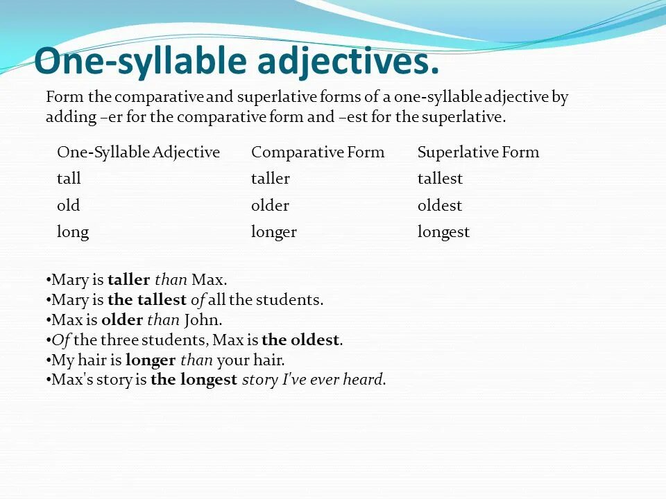 One syllable adjectives. Adjectives презентация. Comparative and Superlative forms of adjectives. One syllable adjectives form. Form the comparative and superlative forms tall