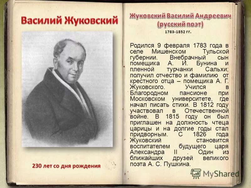 Русские поэты года жизни. Биография Жуковского.