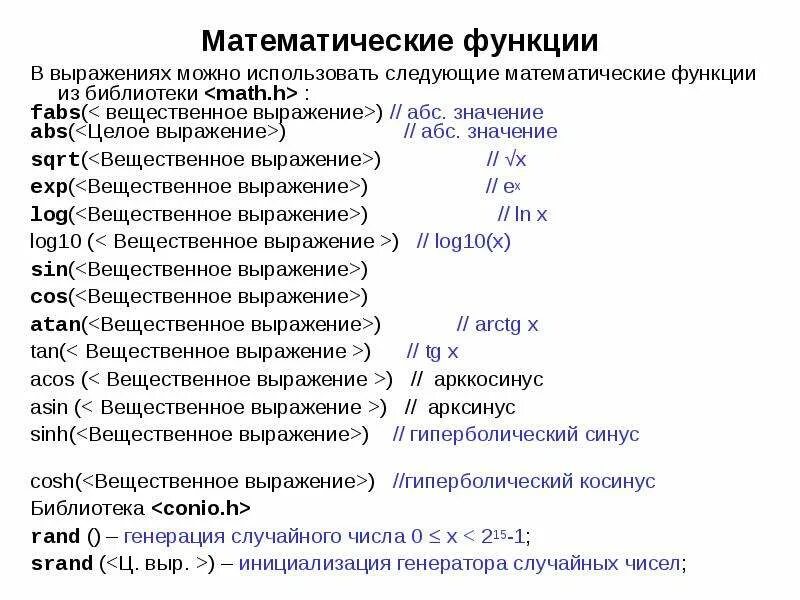 Библиотеки математических функций. Команды для программирования c++. Функции c++. Математические функции в c++. Основные математические функции с++.