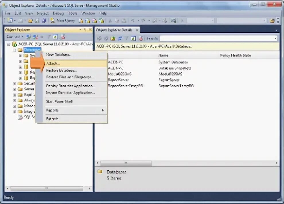 Attach database. Attach database