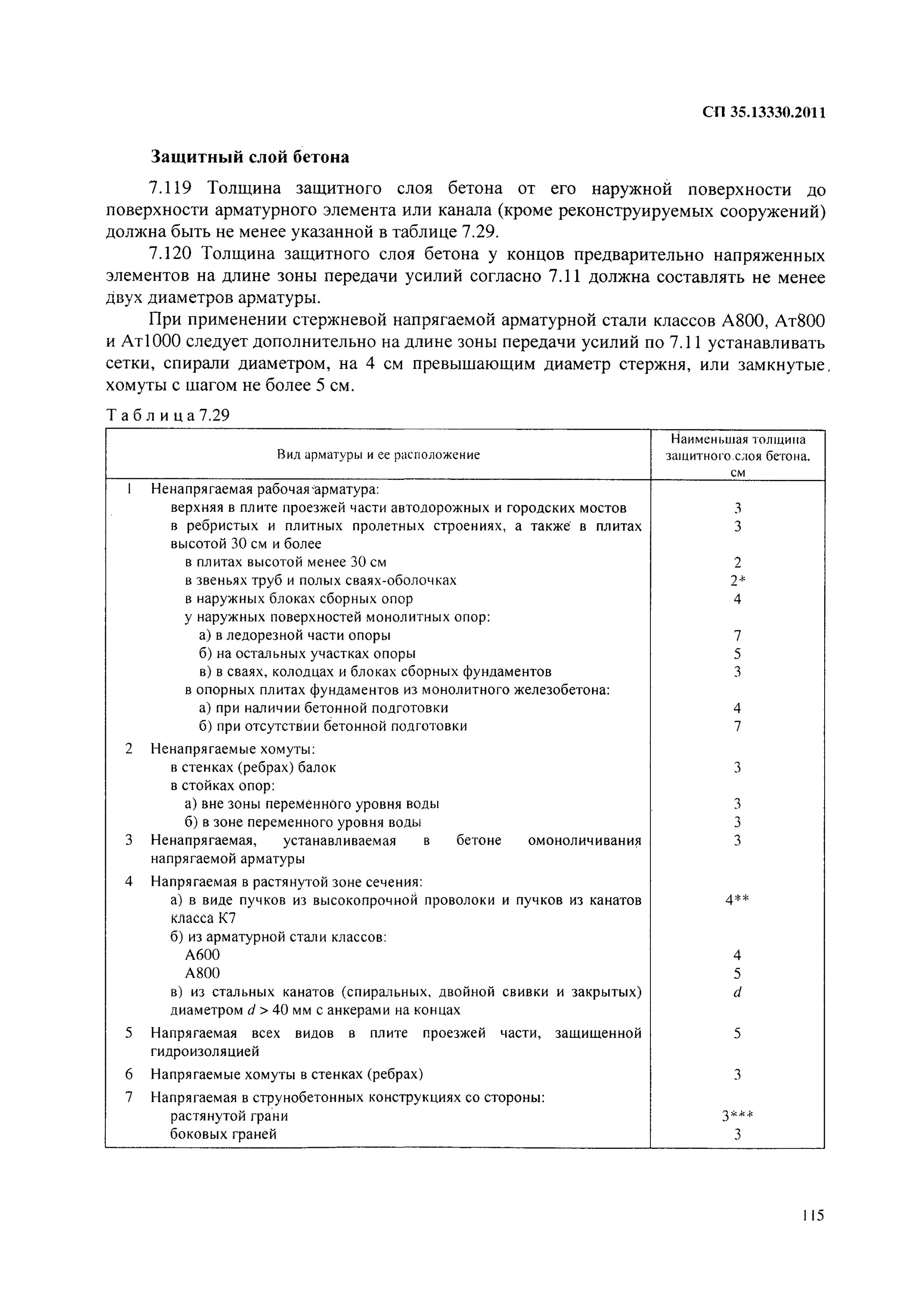 Сп 35.13330 2011 мосты. Защитный слой бетона СП 28. СП 35 защитный слой бетона. Защитный слой бетона на Мостах. СП мосты и трубы таблица 7.4 35.13330.2011.