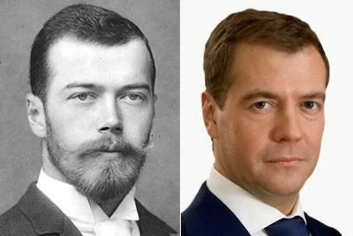 2 человека похожи друг на друга. Сходство Медведева и Николая 2. Медведев двойник Николая 2.