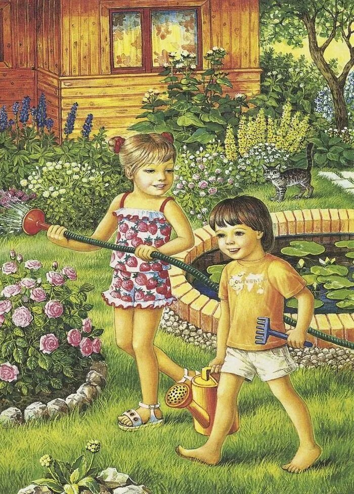 Придет в сад. Художник-иллюстратор любовь новосёлова. Лето иллюстрация для детей. Картина лето для детей. Сюжетные картины.