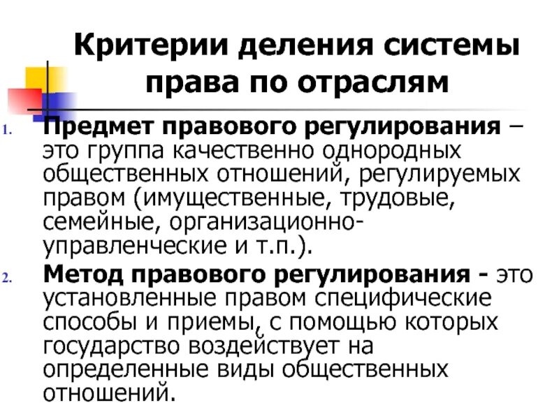Предмет отраслевого правового регулирования