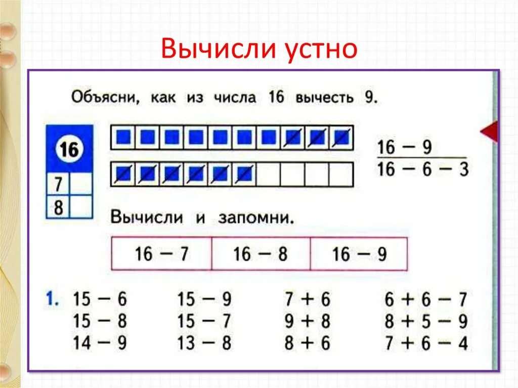 1 класс математика вычитание 6 7. Вычитание 1 класс. Вычитание из числа 15.