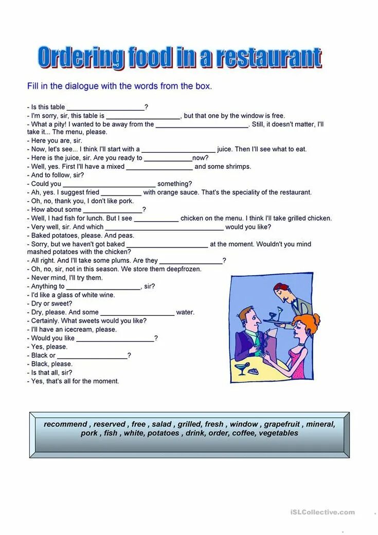 At the Restaurant задания. Диалог at the Restaurant. Order food in a Restaurant Dialogue. Ресторан Worksheet. Dialogue vocabulary