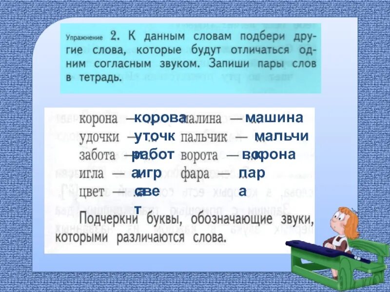 Подчеркнуть буквы которыми различаются слова. Слова которые различаются одним звуком. Пары слов которые различаются согласными звуками. Слова отличающиеся одним согласным звуком. Пары слов различающиеся одним звуком.