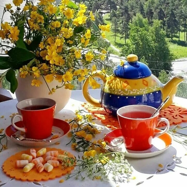 Летнее чаепитие. Весеннее чаепитие. Пожелания с добрым летним утром. Утреннего чаепития с пожеланиями. Дом с добрым утром картинки