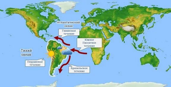 Холодные течения южной америки. Южная Америка бразильское течение. Течения: перуанское, Гвианское, бразильское.. Тёплые течения: Гвианское, бразильское.. Бразильское течение.