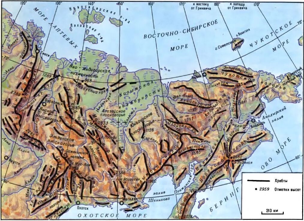 Горные хребты Восточной Сибири на карте. Орографическая схема Северо-Восточной Сибири. Хребты Восточной Сибири на карте. Горы хребты нагорья Северо-Восточной Сибири.