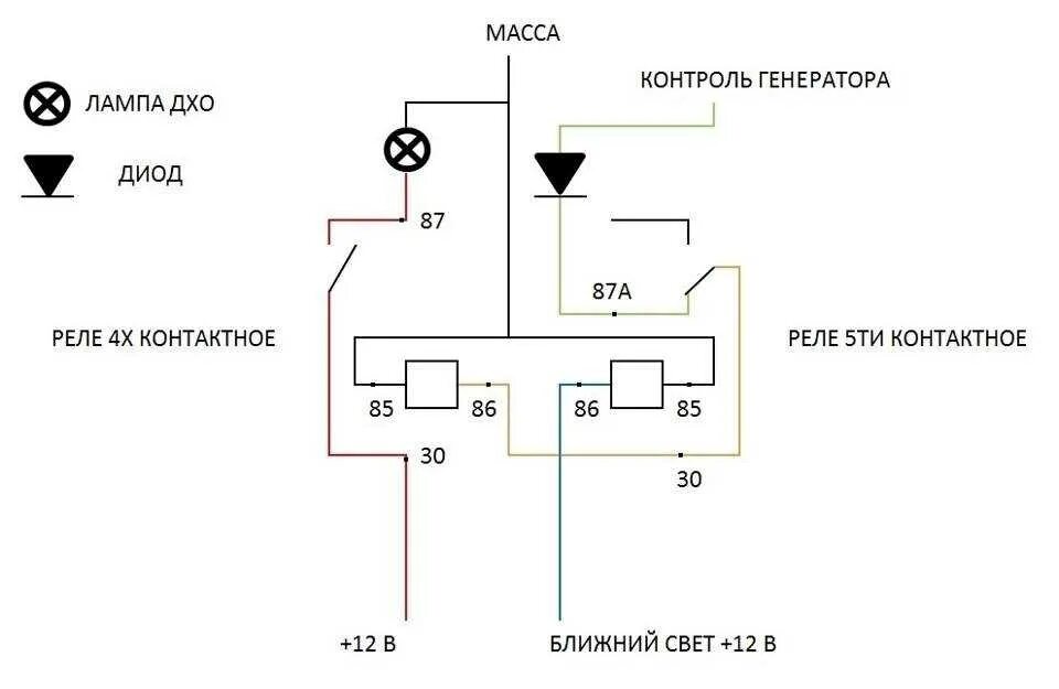 Дхо через генератор. Схема включения ДХО на двух реле. Схема подключения ДХО через 2 реле. Схема подключения ходовых огней через реле автомобиля. Схема подключения ходовых огней через реле 5.