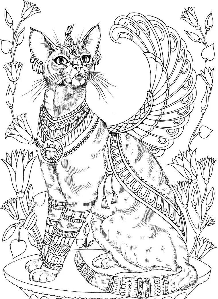 Красивая раскраска котиков. Кошки. раскраска. раскраска кот. кототерапия раскраска-антистресс. египетская кошка раскраска.