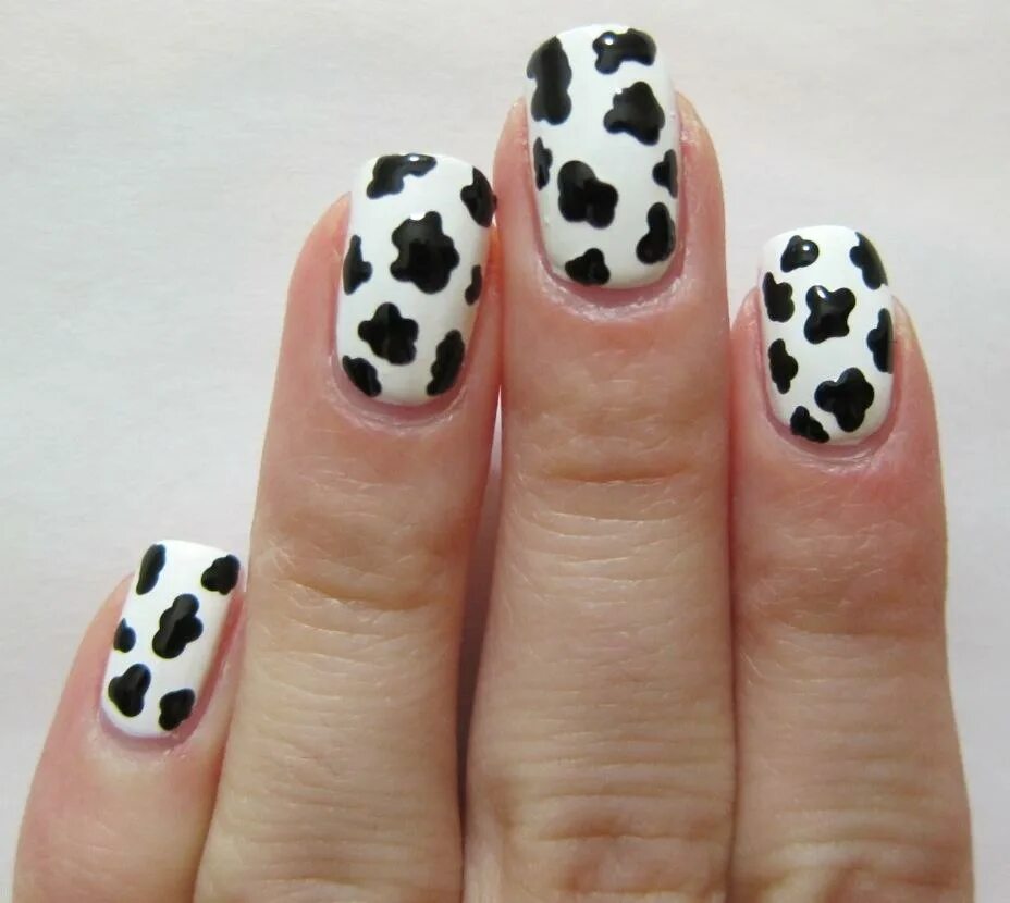 Маникюр коровка. Ногти в стиле коровы. Ногти коровка. Маникюр с коровьими пятнышками. Маникюр с узором коровы на короткие ногти.