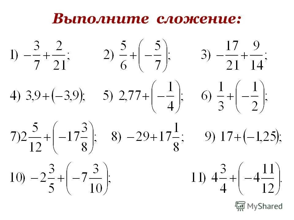 Карточка сложение чисел с разными знаками