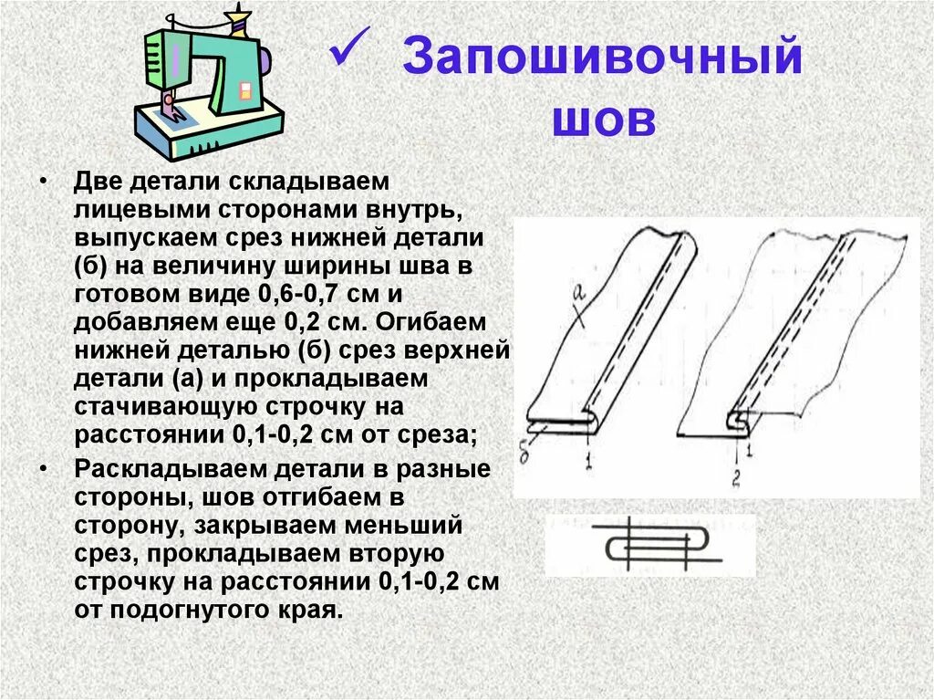 Стежки для соединения деталей. Соединительный бельевой запошивочный шов. Запошивочный бельевой шов технология выполнения. Соединительные швы запошивочный шов. Двойной запошивочный шов.