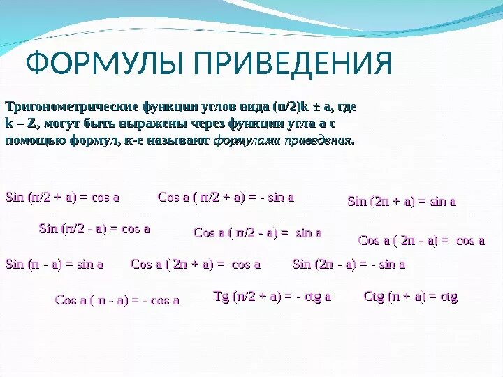 Формулы приведения в тригонометрии. Формулы приведения тригонометрических функций. Формулы приведения тригонометрических функций 10 класс. Тригонометрические функции формулы привидениями. Формулы тригонометрические функции угла