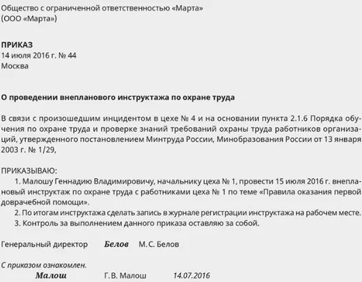 График проведения инструктажей по охране труда образец Приказ о проведении инструктажа по первой помощи Приказ о проведении инструктажа
