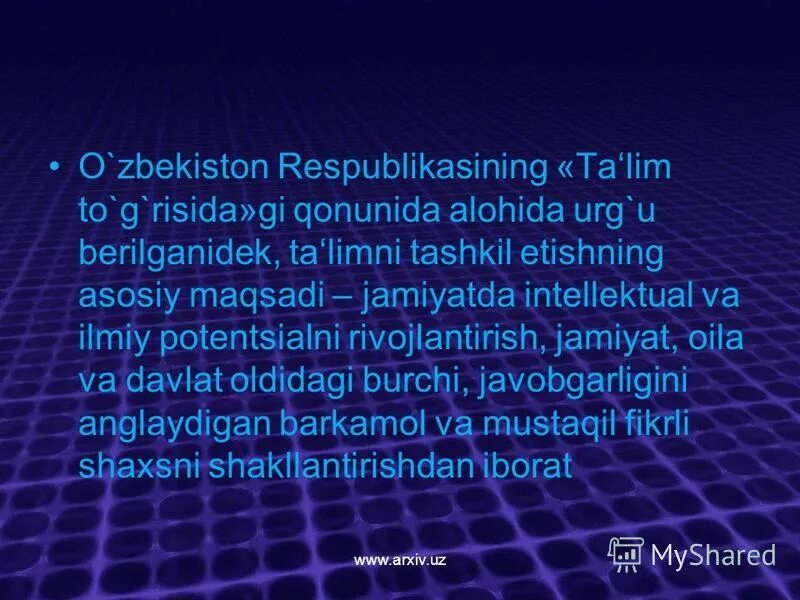 O zbekiston respublikasining qonuni. O`zbekiston Talim tizimi. O'zbekiston Respublikasi ta'Lim to'g'risidagi qonuni. O'zbekiston ta'Lim tizimi ppt. O'zbekiston Respublikasi ta'Lim tizimi slayd.