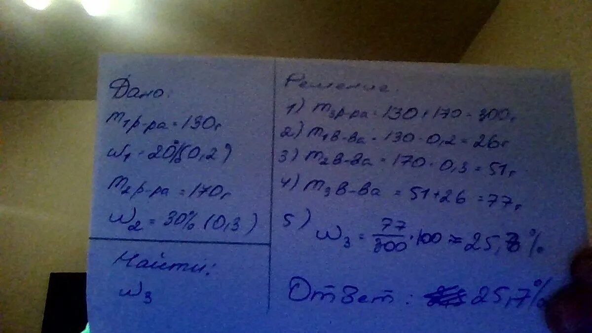 В 120 г воды растворили 30. Смешали 130 г 20 ного и 170 г 30. Массовая растворенного вещества 20 г.