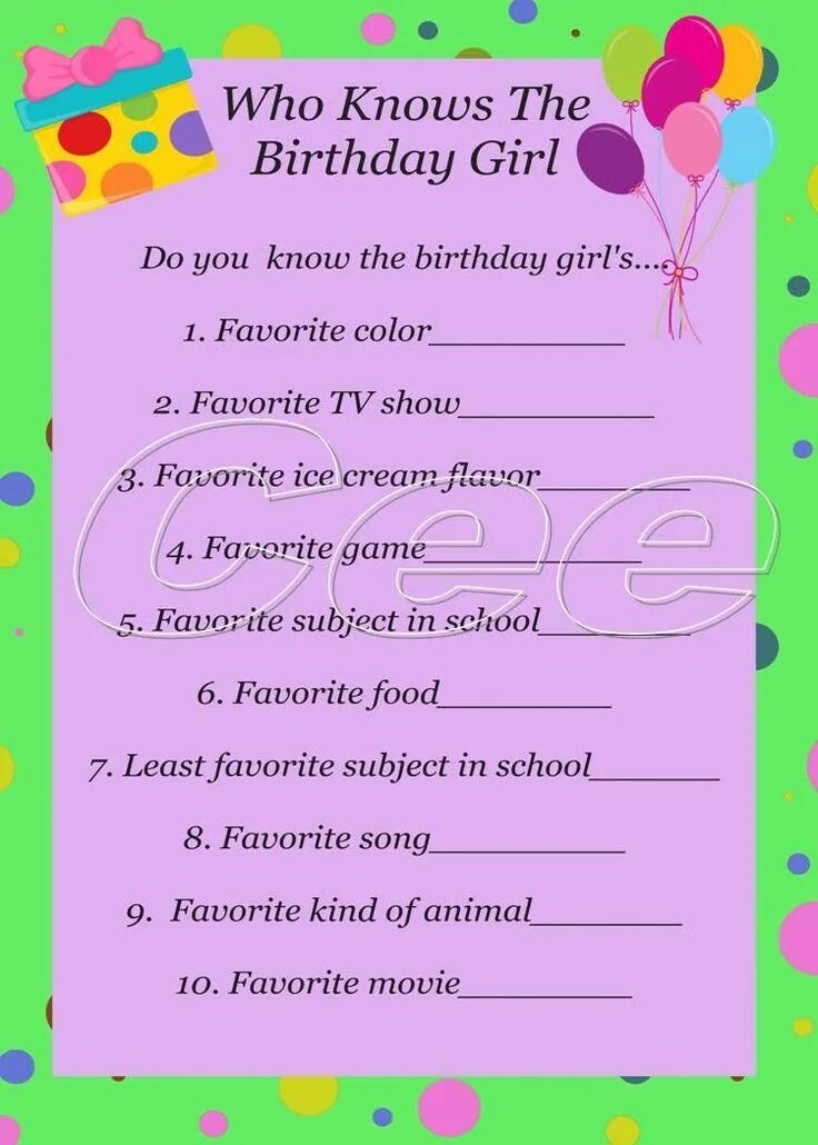 Questions about birthday party. Распечатать who knows fhf birthday girl. birthday girl песня. who has a birthday party ?.